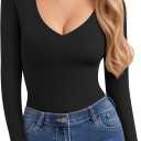 CLOZOZ V Neck Tops Sexy Shirts for Women Fitted Tight T Shirts Basic Tee (XL, Black)