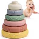 Mini Tudou 6 Pcs Stacking & Nesting Circle Toy,Soft Building Rings Stacker & Teethers,Squeeze Play with Early Educational Learning Stacking Tower, Toy for 6+ Months Boys&Girls
