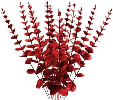ABAJI Plastic Eucalyptus Wine Red Stems 12 PCS Fake Faux Decorations with Artificial Leaves Greenery Plant Leaf Suitable Home Office House Table Desk Decor Wedding Party Vase Forever Live 2Pack