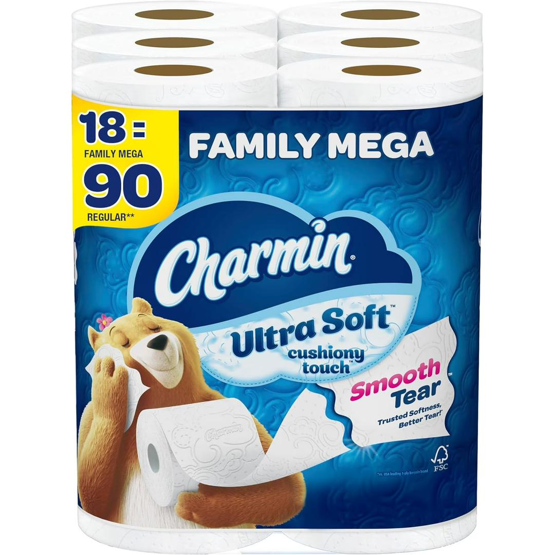 Charmin Toilet Paper Ultra Soft Cushiony Touch, 18 Family Mega Rolls