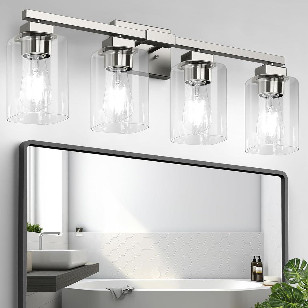 BesLowe 27" 4-Light Bathroom Light Fixture, Modern Nickel Bathroom Vanity Light, Bathroom Lighting Fixtures Over Mirror, Matte Nickel Bathrom Wall Lamp, Wall Lights for Living Room Bedroom Hallway