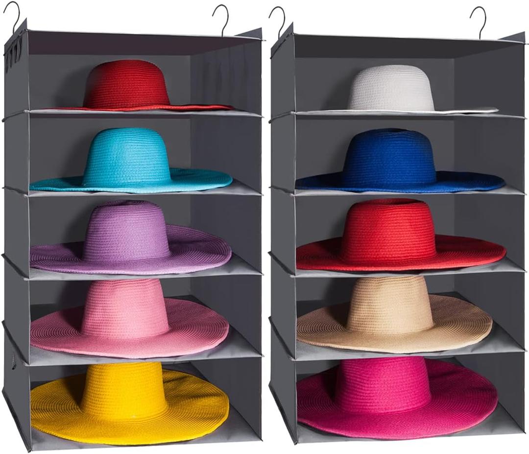 Large Hat Storage for Closet Hanging Organizer for Wide Brim 10 Shelf Oversized Racks Sunhat Cowboy Fedora Floppy Collection Box Container Display Big Brimmed Holder Space Saver Organization (Grey)