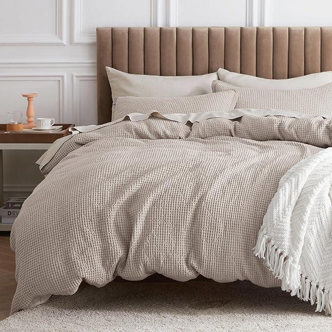 Bedsure Cotton Duvet Cover Set - 100% Cotton Waffle Weave Linen Duvet Cover Oversized Queen Size, GentleSoft™ and Breathable Bedding Set for All Season, 3 Pieces, 90"x90"
