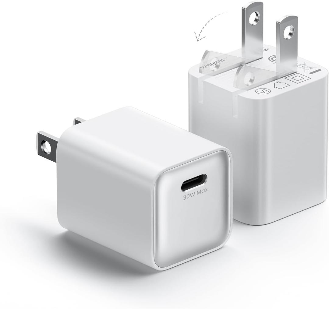 wegear 30W Compact Wall Charger, USB C Charger Block with GaN III Tech, PD3.0 PPS QC4.0 Fast Charging Foldable Power Adapter for iPhone 17 16 15, Galaxy, Pixel, iPad, AirPods (White, 2 Pack)