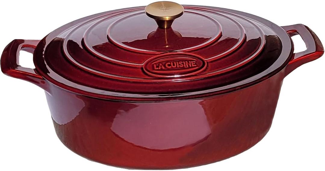 La Cuisine Enameled Cast Iron Oval Dutch Oven Casserole Dish Pot with Lid 5 QT Internal Matt Black Enamel Coating, Cranberry, Gold-Plated Stainless Steel Lid Handle, Oven Safe