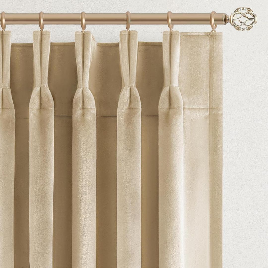 90 Inches Long Velvet Pinch Pleated Curtains for Living Room Bedroom Beige Modern Luxury Room Darkening Thermal Insulated Sound Dampening Curtains Drapes with Hooks Rings,Set of 2