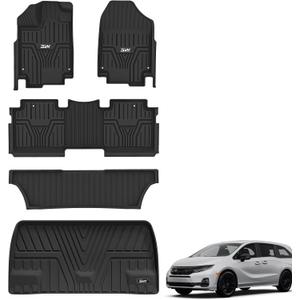 3W Floor Mats & Cargo Liner Fit for Honda Odyssey 2025-2018 Mini Passenger Van, All Weather TPE Floor Liners 1st 2nd & 3rd Rows Car Mats and Trunk Liner Odyssey Car Accessories, Black