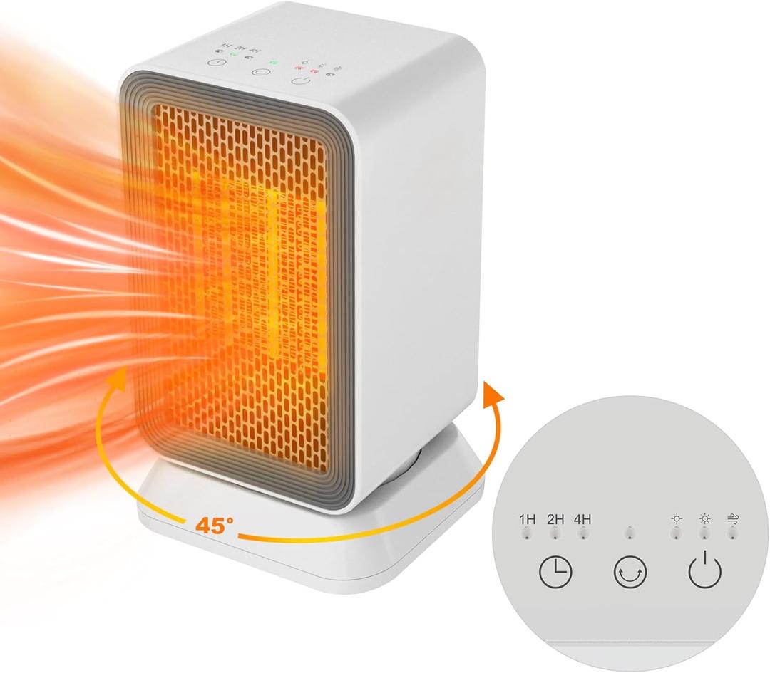 AIDENOEY Space Heater with 3 Modes，1000W Energy Efficient Quiet Mini Portable Heaters, 45°PTC Ceramic Fast Heater with Timer & Auto Shut Off Function for Office Home Indoor Use (White)