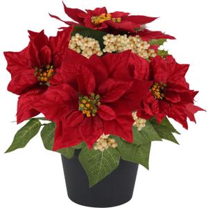 Fake Poinsettia Plants with White Berry 14 Inch Red Poinsettias Artificial Christmas Flowers in Pot for Home Porch Garden Office Indoor Outdoor Christmas Decorations