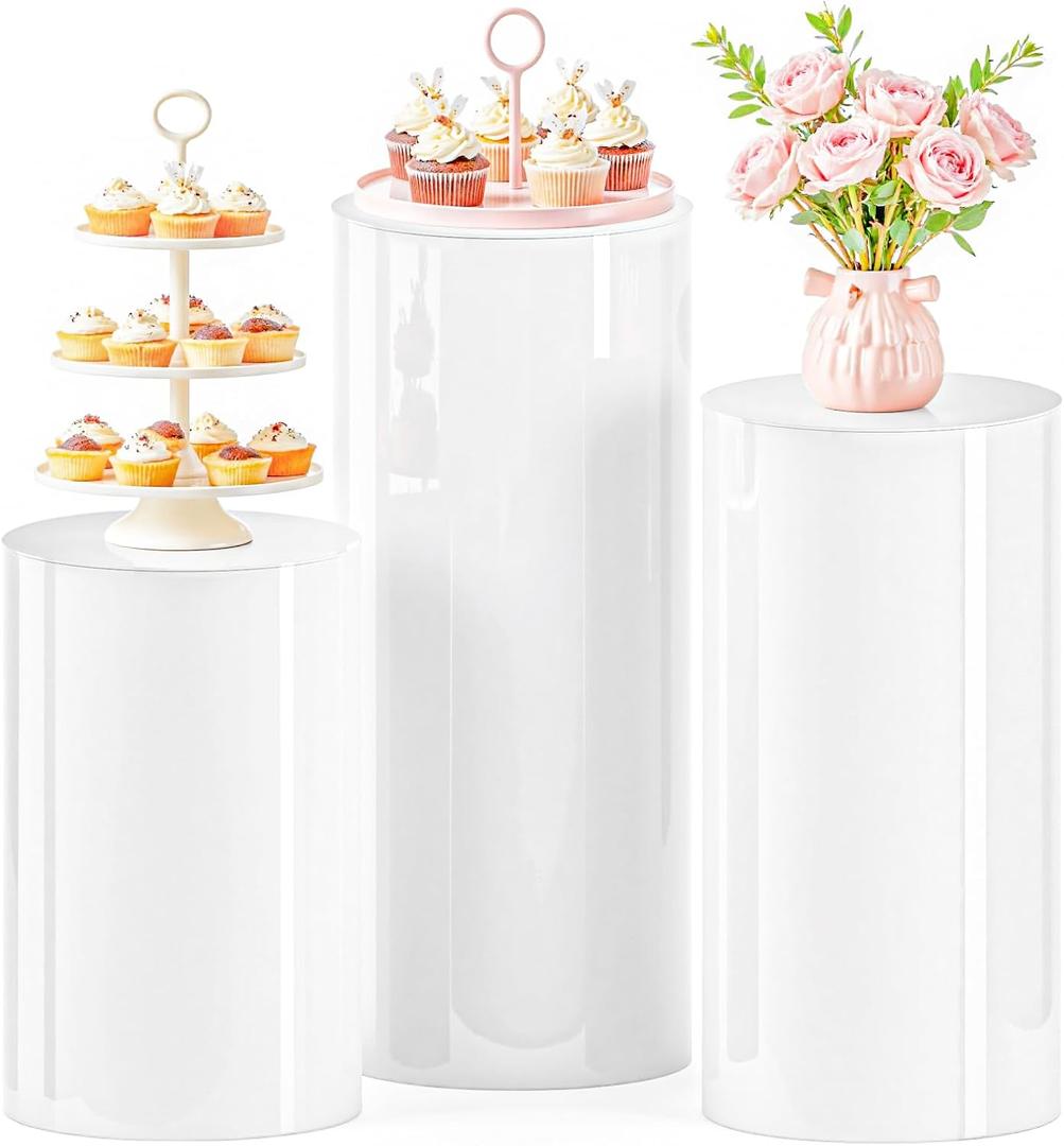 Cylinder Stands for Party 3Pcs White Round Pedestal Stand for Parties, Plinth Pillars for Wedding Birthday Party Baby Show Decor