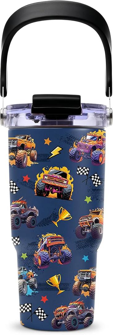 Monster Truck Tumbler with Top Handle and Flip Straw Lid 20oz Stainless Steel Insulated Travel Cups for Boys - Christmas Birthday Ideas for Monster Truck Kids Coffee Mugs