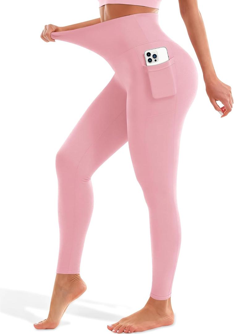 Blue Breath Leggings with Pockets for Women-High Waisted Full Length Yoga Pants Tummy Control Workout Athletic Daily (Pink, M)