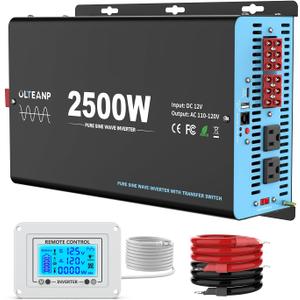 2500W Pure Sine Wave Power Inverter with Transfer Switch, 12V DC to 120V AC Converter, Auto Switch to Shore Power, 5000W Peak, Remote LCD Controller, USB & Type-C for RV, Truck, Off-Grid Use