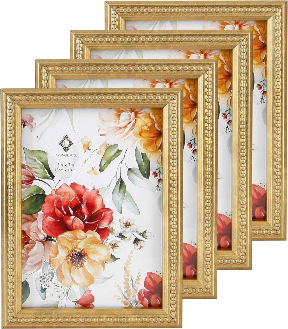 Concepts 5x7 Set Of 4 Gold Ornate Beaded Resin Picture Frames With HD Clear Glass, Extra Durable Photo Frames - Display Wallhung/Tabletop Vertically Or Horizontaly