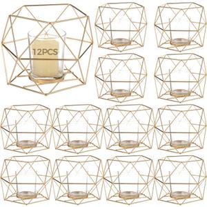 12 PCS Geometric Tealight Candle Holders, Golden Iron Frame Candle Stand with Glass, Wedding Dining Table Centerpiece Party Decor