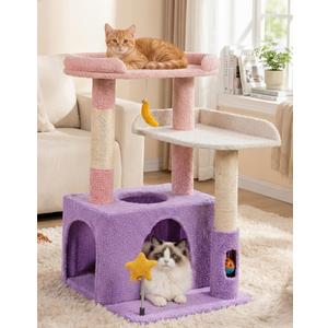 31" Cute Cat Tower for Indoor Kittens with Cat Condo, Plush Platform, Hammock, Sisal Scratching Posts, Dangling Ball, Tall Cat Tree Tower with Self-Grooming Brush (Moonlit Violet)