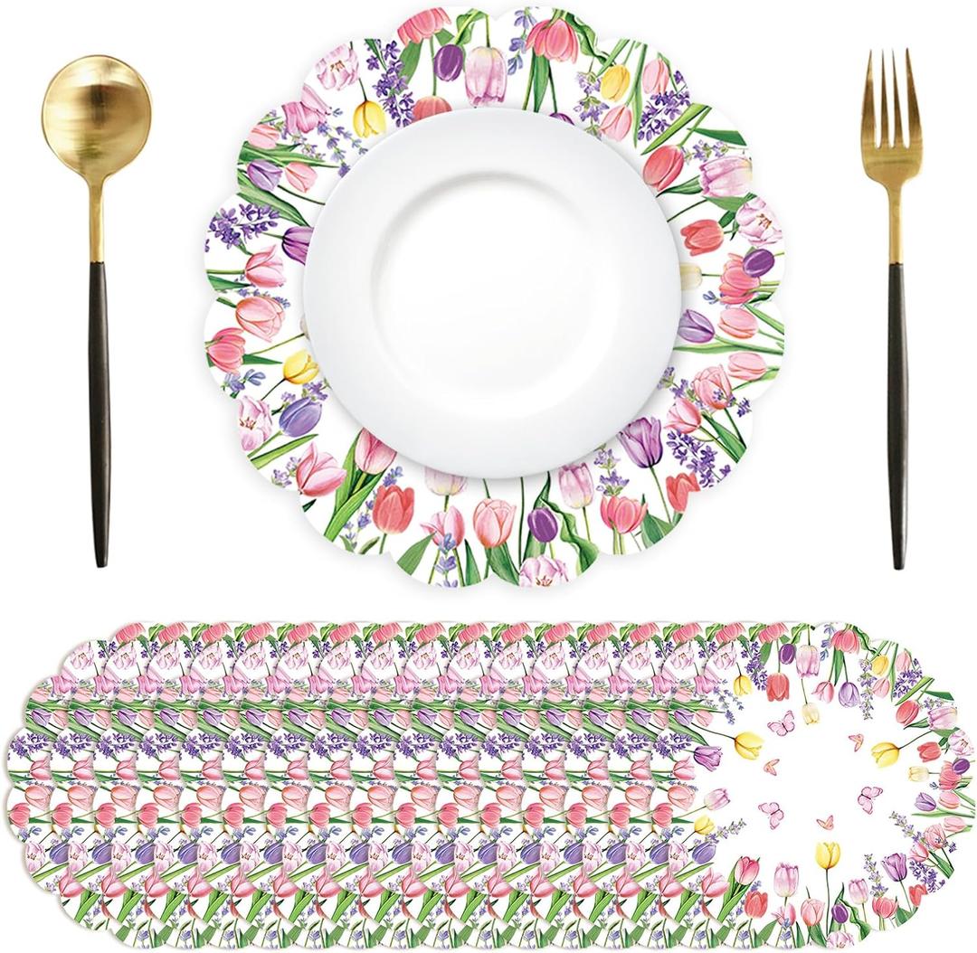 50 Pcs Lavender Tulip Paper Placemats Disposable,13.4 Inch Spring Flora Round Place Mats Spring Summer Table Mats for Birthday Wedding Banquet Bridal Shower Party Supplies