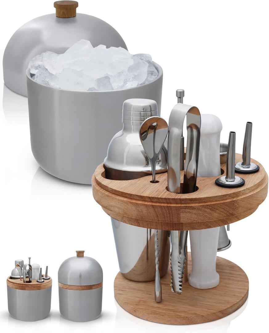 Gusto Nostro Cocktail Set Bartender Kit with Stainless Steel Ice Bucket - Complete Mixology Bar Tool Set with Wooden Organizer, Cocktail Shaker, Jigger, Muddler, Spoon, Tongs, Pourers, Recipe Cards (3.4 Liters + Barware, Silver)