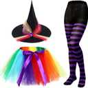 SATINIOR Halloween Witch Costume for Women 2025 Halloween Witch Hat Tutu Skirt and Striped Tights for Cosplay Party(Purple Black with Rainbow)