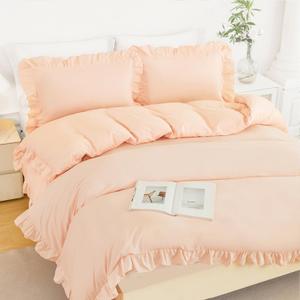 Girls Ruffled Cover Set Queen 3 Pieces Peach Pink Bedding Duvet Cover Sets Shabby Chic Ruffle Duvet Cover Set for Kids with 1 Comforter Cover 2 Pillowcases(Peach Pink, Queen)