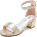 Girls High Heels Sandal for Girls Open Toe Ankle Buckle Strap Dress Shoes for Little Big Kids in Wedding Party Block Chunky Pump Sandals (Honorable Pearl Gold), Size 2