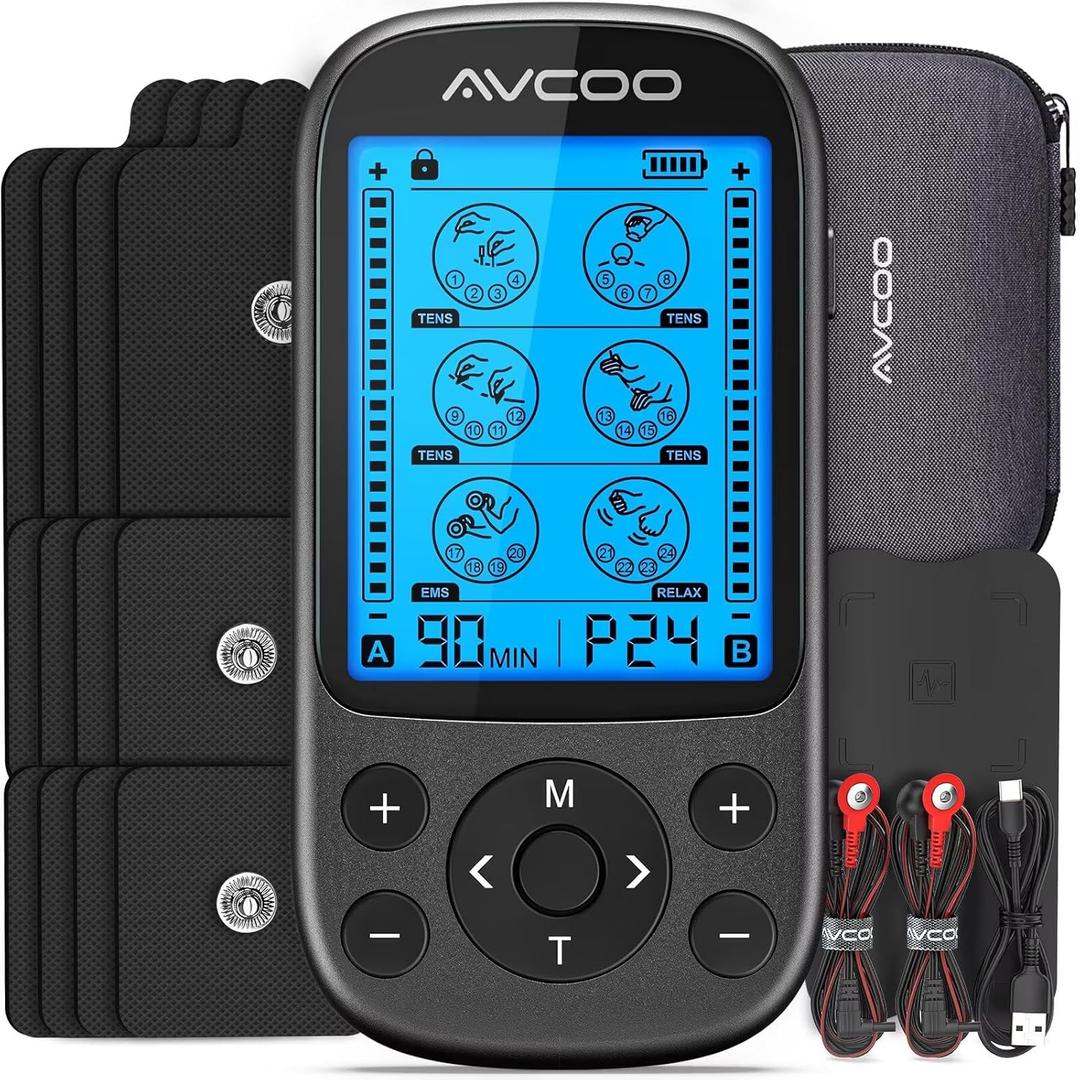 AVCOO Dual Channel TENS Unit Muscle Stimulator, 3-in-1 EMS TENS Machine with 24 Modes & 40 Levels, Rechargeable EMS Massager for Neck, Shoulder & Back Pain Relief with 12 Pads, EVA Case, Black