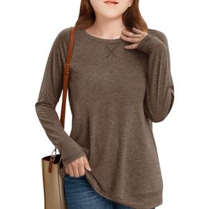 Girls Long Sleeve Shirts Cute Crew Neck Tshirts Kids Fall Back to School Tops Soft Clothes Size 10-12 (Brown)
