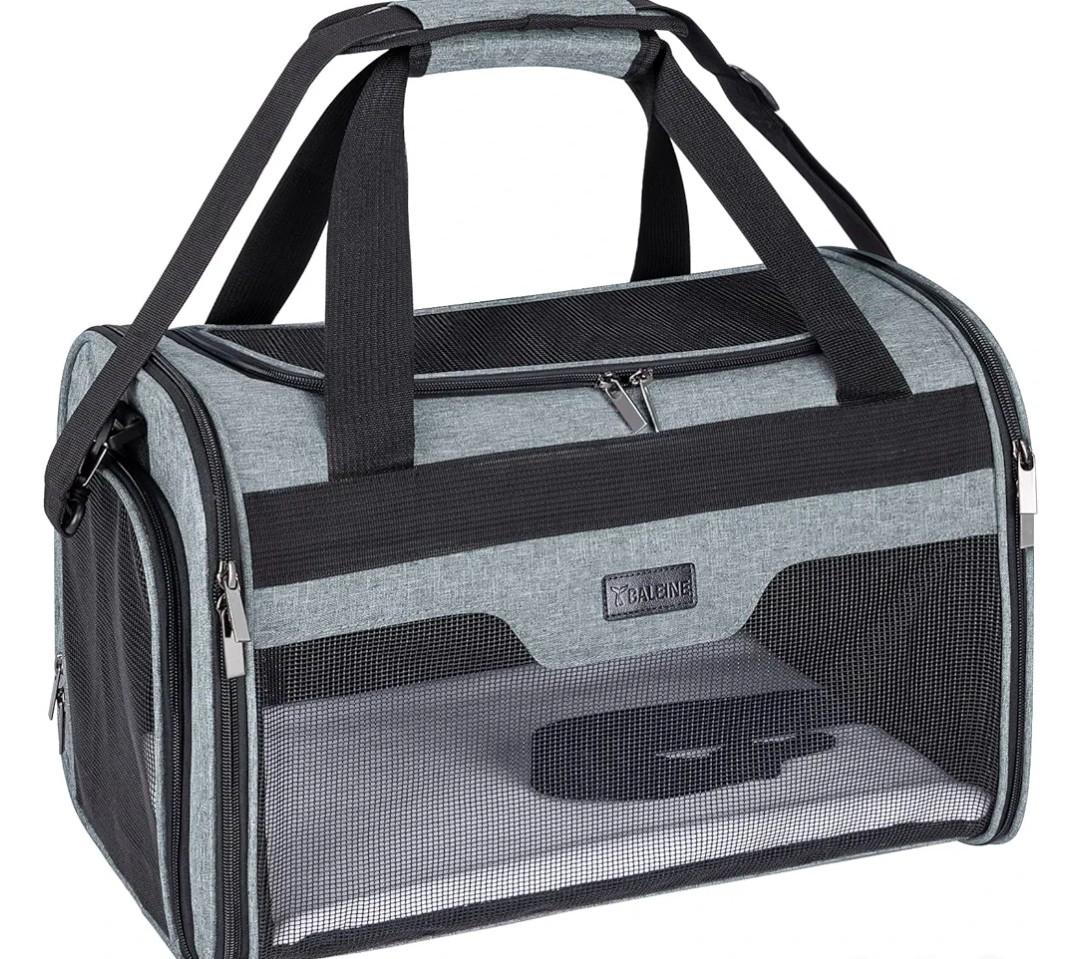 BALEINE Cat Carrier, Puppy Dog Carrier for Small Medium Pets Up to 15 Lbs, Soft-Sided Dog Travel Bag with Safety Zippers, Collapsible Pet Carrying Case (Gray, L, 17"x11"x11")