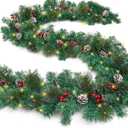 9 ft Pre-lit Christmas Garland Decoration with 50 Warm Lights, Battery Operated Waterproof Artificial Bushy Xmas Garlands, Lighted Bendable Christmas Garland with Timer, Indoor/ Outdoor/ Home/ Fireplace