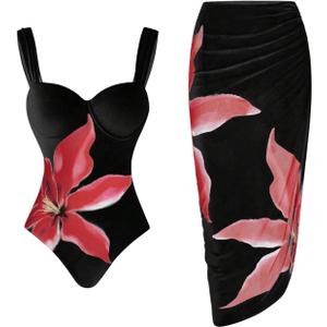 SweatyRocks Women's Floral Print One Piece Control Swimsuit Monokini with Cover Up Beach Skirts Swimwear (Large, Black)