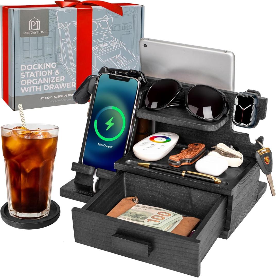 Parkway Home Black Wood Phone Docking Station with Drawer, Compatible with Apple Watch - Wood Charging Station Organizer Stand, Bedside Nightstand Organizer for Men, Holds, Tablet, Glasses, Keys, EDC
