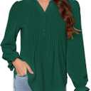 Womens Puff Long Sleeve Tops Henley V Neck Pleated Button Down Shirts Tunic Dress Blouses Business Casual Outfits (Green, S)