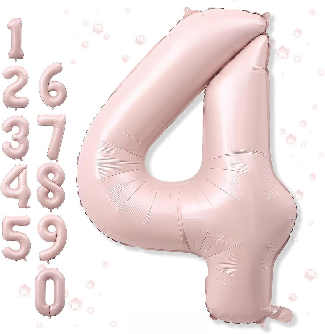 Foil 4 Balloon, Dusty Light Pink Big Number 4 Balloons for Girls Birthday Party Decor, 40'' Self Inflating Number Four Pastel Blush Baby Pink Balloon for Kids 4th Birthday Party Anniversary Decoration