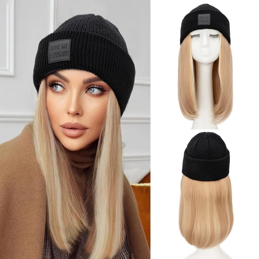S-noilite Beanie Wig Hair Extensions,11 Inch Short Straight Hair Extensions with Knitted Hat Wigs for Women Winter Ash Blonde with Bleach Blonde