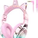 QearFun Kids Unicorn Headphones Wired with Mic, 85/94dB Safe Volume Limit, Sparkly Wired Headset, Foldable, Sharing Port & Tangle-Free Cord for School, Chromebook, Tablet, Travel, Boys & Girls