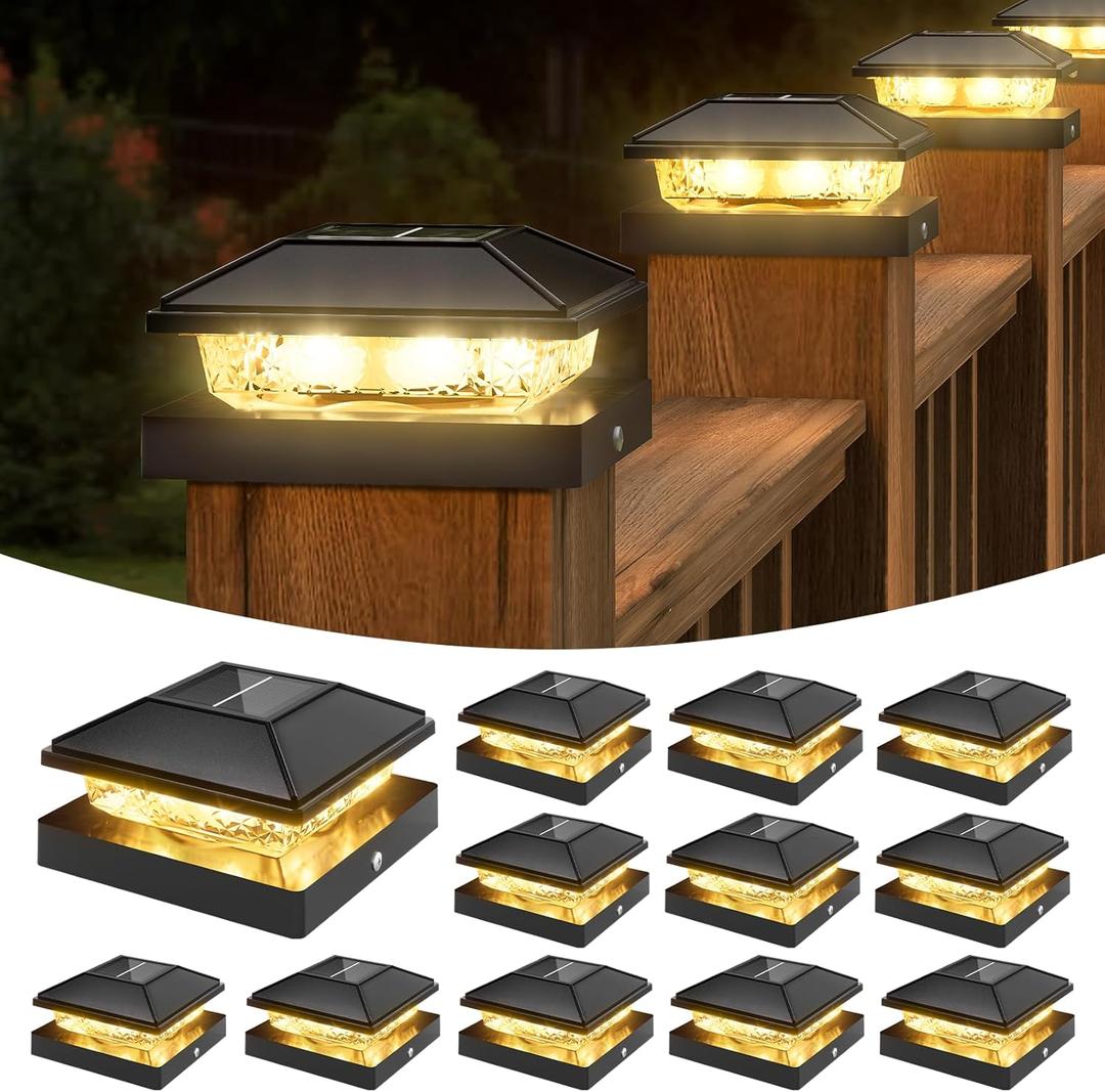 VOLISUN 4x4 Solar Fence - Post Cap Lights 12pack Outdoor Waterproof, Black Deck Post Cap Light with Warm White,for 4x4 Wooden/4x4 Vinyl