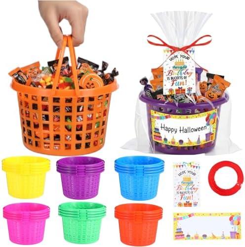 Patelai 24 Set Halloween Baskets for Gifts Empty Candy Goodie Stuffers Plastic Birthday Gift Baskets with Handles Birthday Greeting Cards and Stickers for Halloween Party Classroom Home Storage Decor