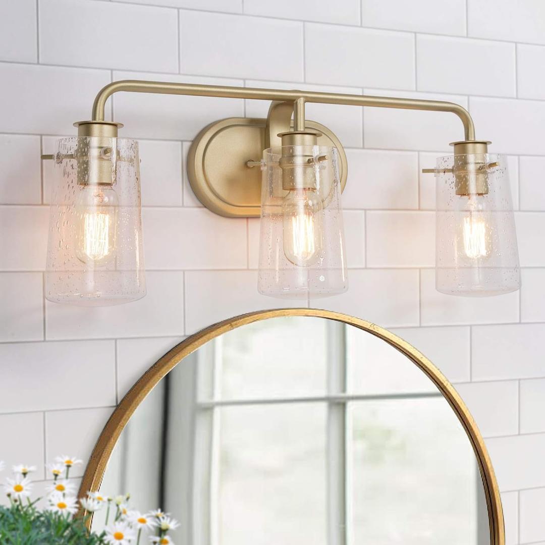 Durent Lighting Gold Vanity Light, 3 Lights Gold Bathroom Light Fixture with Seeded Glass, 22 1/2 L