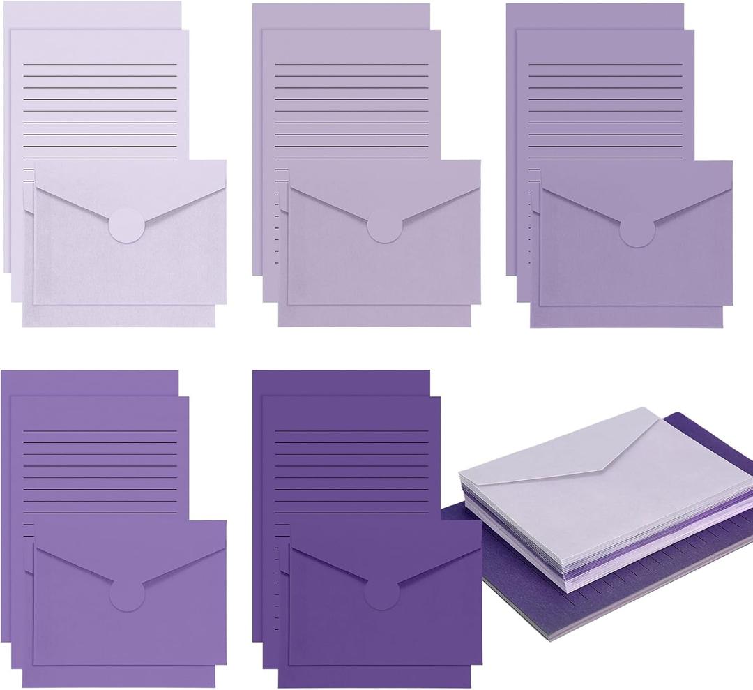 100 Pcs Stationery Lined Stationery Paper and Envelopes Set Includes 50 Letter Writing Paper and 50 Envelope for Office, 5.5 x 8.25 Inch(Purple)