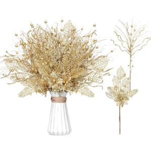 Yunlly 24 Pcs Gold Christmas Tree Picks and Sprays Glitter Berry Stem Branches Artificial Christmas Picks Twigs Xmas Tree Ornaments for DIY Xmas Wreath Vase Filler Decorations