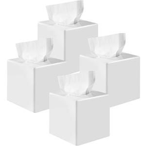 4-Pack White Square Tissue Box Cover with Bottom Lid, ABS Material, 5.1x5.1x5.1 Inch for Home, Office, Hotel, and Restaurant Decor