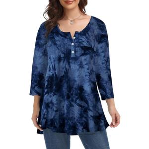 MONNURO Womens Plus Size Henley Shirts Button Up V Neck Pleated Tunic Tops Casual Blouse 3/4 Sleeve (Blue, XXXL)