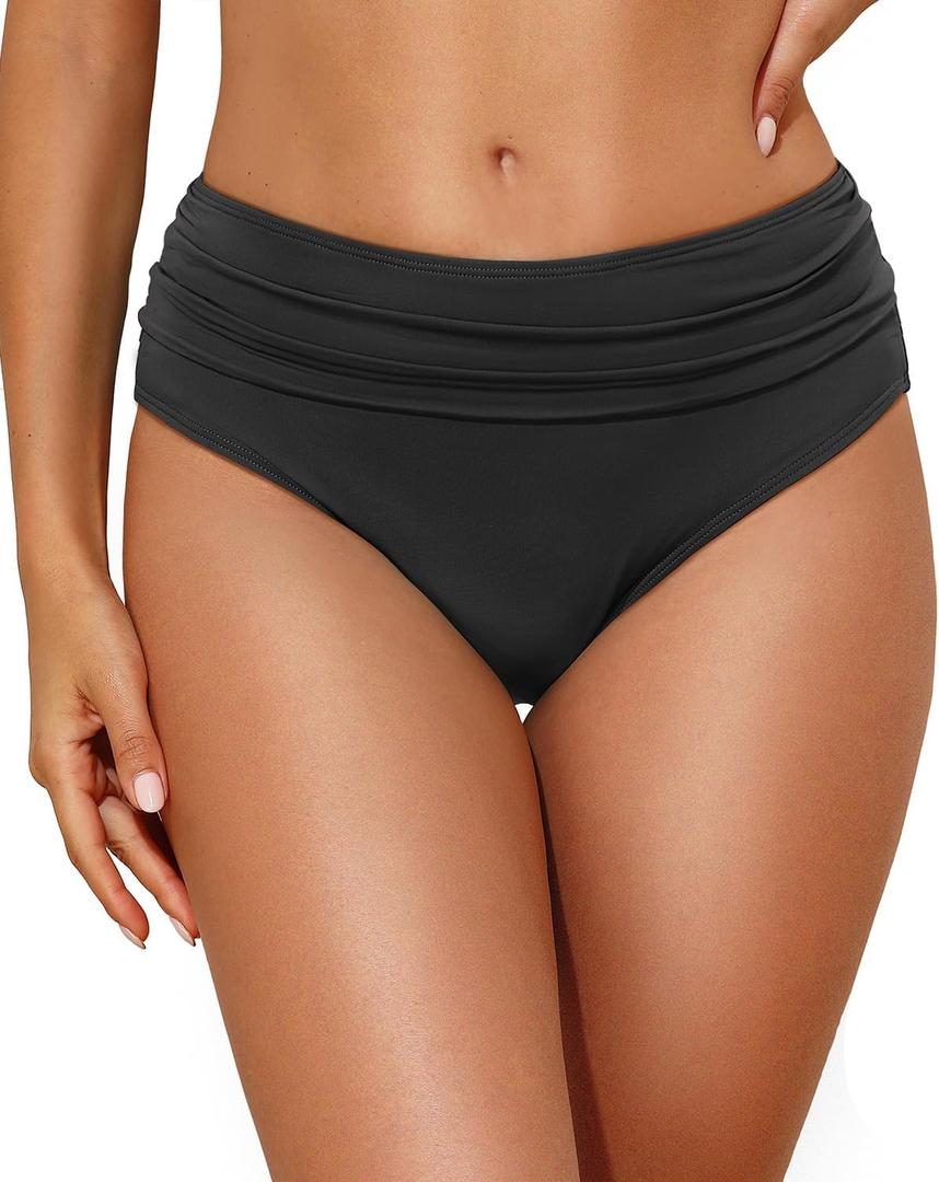 Tempt Me Women Mid Rise Bikini Bottoms Full Coverage Swimsuit Ruched Scrunch Swim Bottom (Black, L)