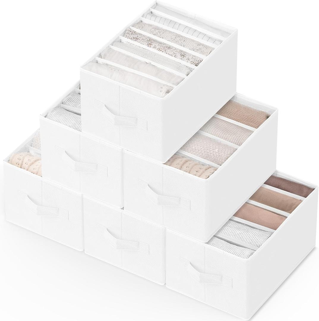 Criusia 6 Pack Large Clothes Organizer, Wardrobe Closet Organizer and Storage with Handles, Foldable Fabric Closet Organizers Dividers for Clothing, Pants, Jeans, Sweater, T-shirts, White