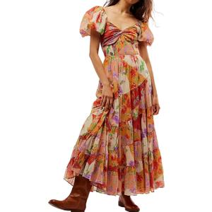 ABYOVRT Women Floral Maxi Dress Short Puff Sleeve V Neck Bohemian Flowy Dress Smocked Casual Spring Summer Dresses (L)