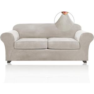 Couch Cover Velvet Plush Sofa Covers for 2 Cushion Couch Width Up to 90 Inch Washable Furniture Protector Pet Friendly No Slip Sofa Slipcover(Medium-Large, Oatmeal)