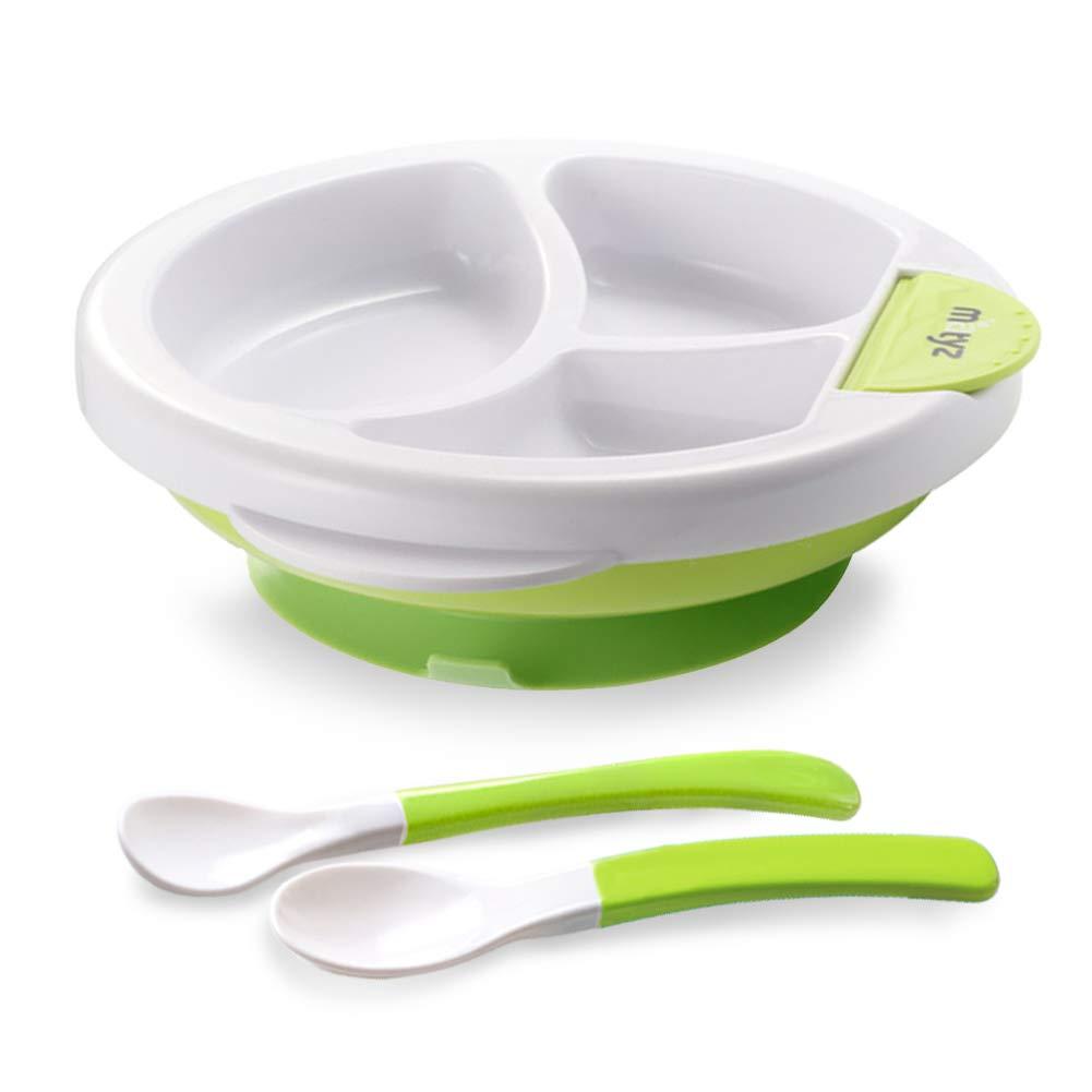 Matyz Baby Feeding Suction Warm Plate with Draining and Drying Design  Stay Put Divided Plate for Kids  Including 1 Toddler Plate and 2 Spoons  Microwave & Dishwasher Safe (Green)