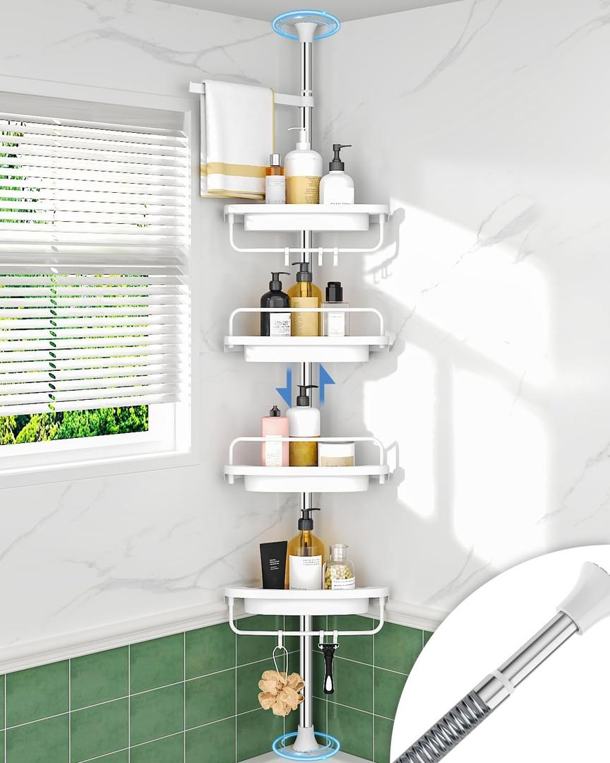 ALLZONE Rustproof Shower Caddy Corner for Bathroom, Tension Corner Shower Caddy Tension Pole, Solid Shower Organizer with 4 Adjustable Shower Shelves, Shower Rack Fit Heights 34 to 116 Inches,White