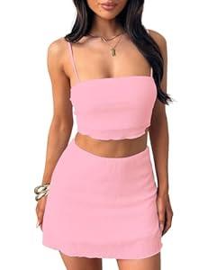 Summer Two Piece Outfits for Women Vacation Going Out Plisse Crop Tops High Waisted Bodycon Mini Skirt Sets (X-Small)