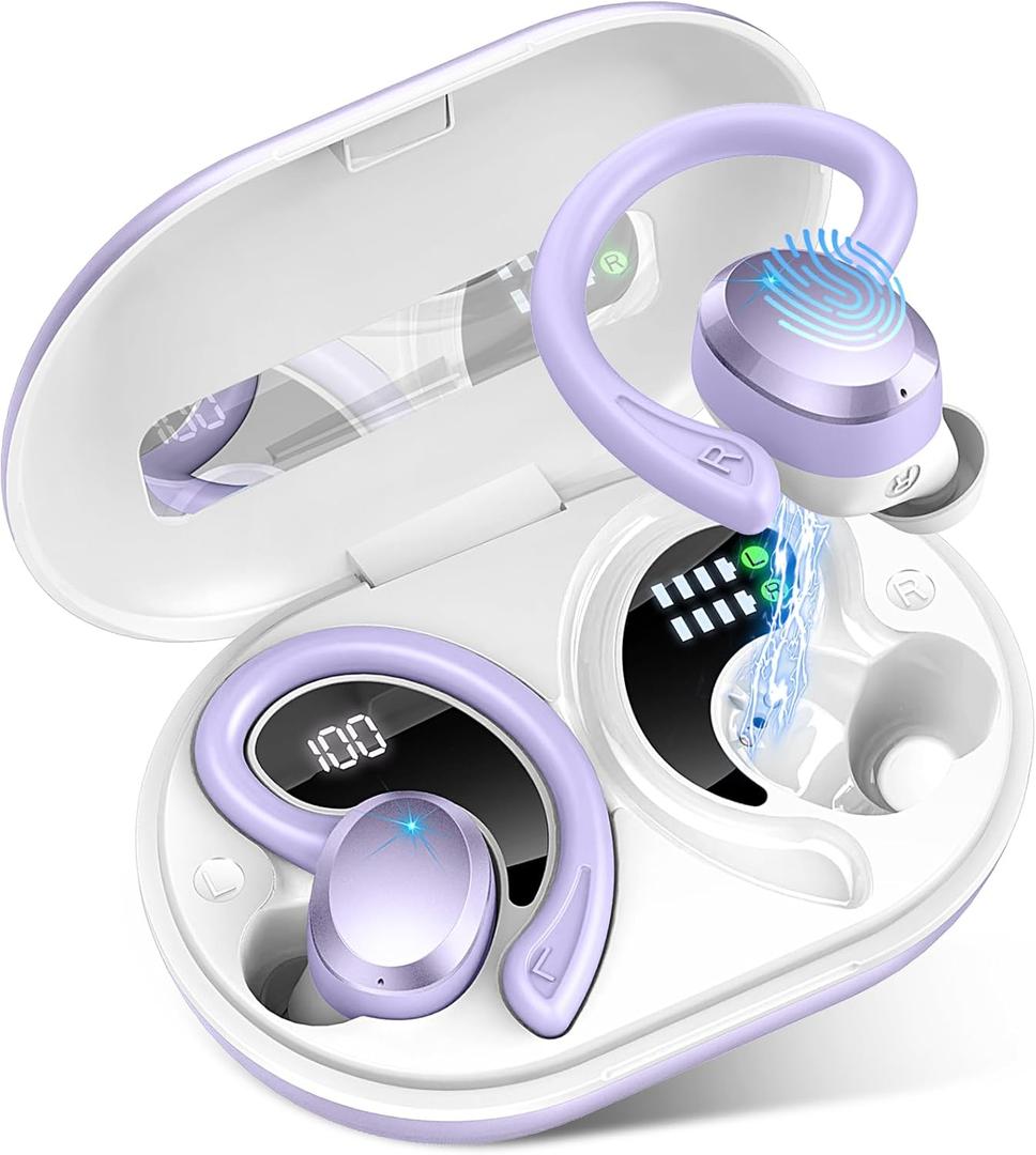 Wireless Earbud, Bluetooth 5.4 Headphones IP7 Waterproof for Sport, 48H Running Wireless Earphones with ENC Noise Cancelling Mic, Deep Bass Over Ear bud with Ear hooks for Android, iOS, Workout, Purple